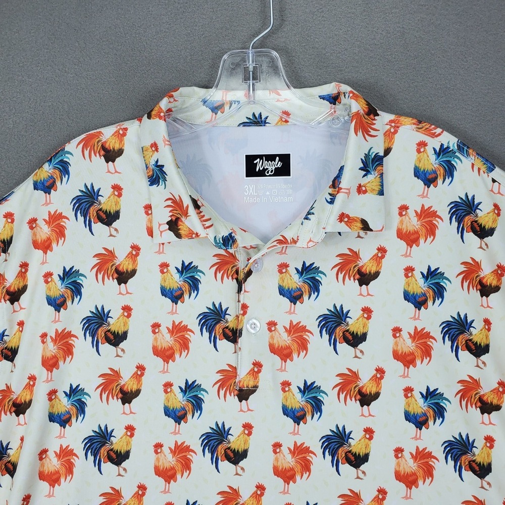 Waggle Polo Shirt Sz 3XL White Rooster Print Golf‎ Performance Short Sleeve